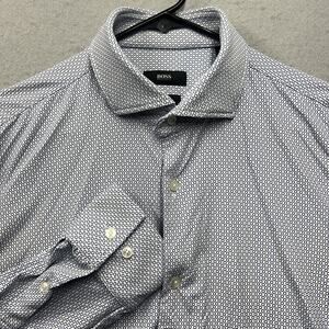 Hugo Boss Mens Large Slim Fit Performance Dress Shirt Blue Geometric Print